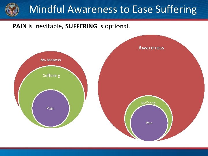 Mindful Awareness to Ease Suffering PAIN is inevitable, SUFFERING is optional. Awareness Suffering Pain