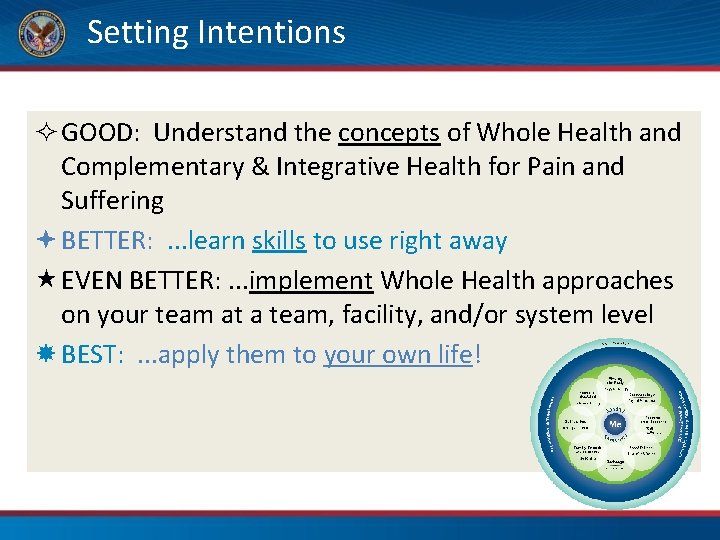 Setting Intentions GOOD: Understand the concepts of Whole Health and Complementary & Integrative Health