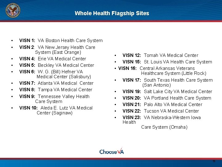 Whole Health Flagship Sites • • • VISN 1: VA Boston Health Care System