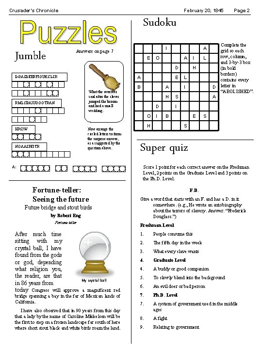 Crusader’s Chronicle February 20, 1845 Page 2 Sudoku Jumble I Answers on page 7 Crusader’s Chronicle February 20, 1845 Page 2 Sudoku Jumble I Answers on page 7