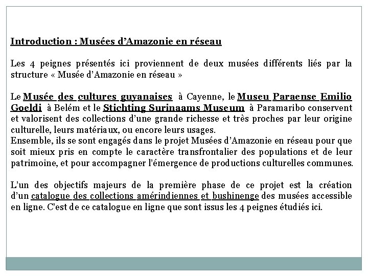 Introduction : Musées d’Amazonie en réseau Les 4 peignes présentés ici proviennent de deux