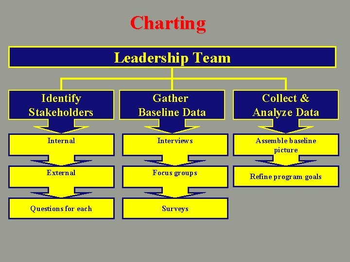 Charting Leadership Team Identify Stakeholders Gather Baseline Data Collect & Analyze Data Internal Interviews