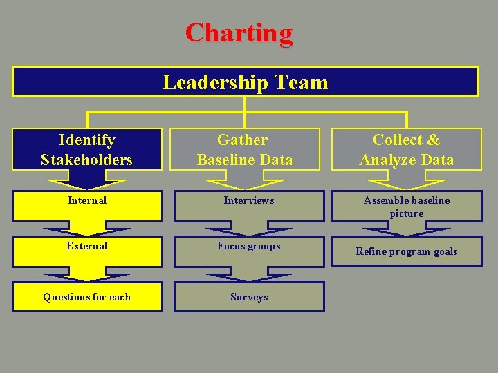 Charting Leadership Team Identify Stakeholders Gather Baseline Data Collect & Analyze Data Internal Interviews