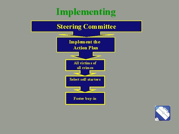 Implementing Steering Committee Implement the Action Plan All victims of all crimes Select self-starters