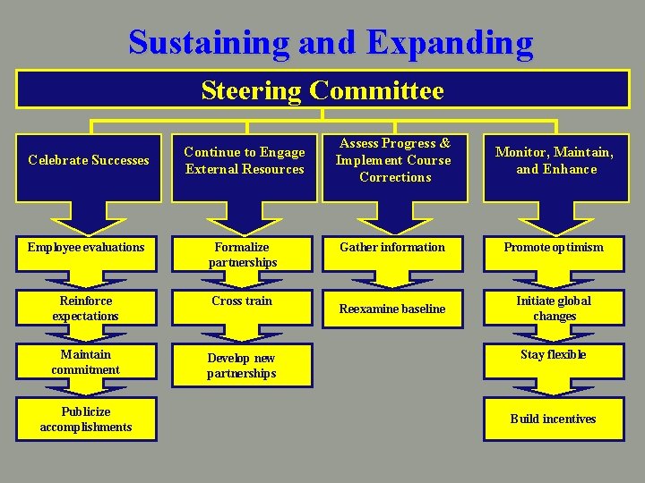 Sustaining and Expanding Steering Committee Celebrate Successes Continue to Engage External Resources Employee evaluations
