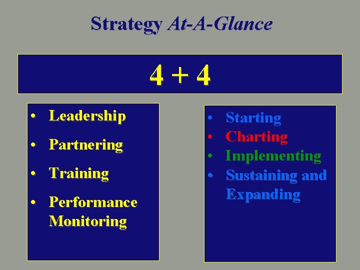 Strategy At-A-Glance 4+4 • Leadership • Partnering • Training • Performance Monitoring • •