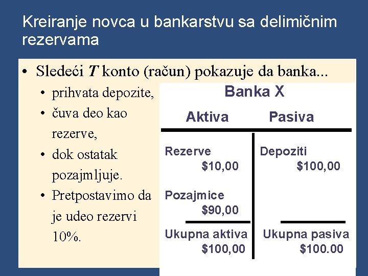 Kreiranje novca u bankarstvu sa delimičnim rezervama • Sledeći T konto (račun) pokazuje da