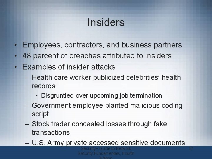 Insiders • Employees, contractors, and business partners • 48 percent of breaches attributed to