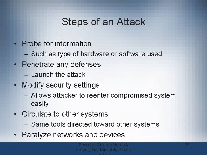 Steps of an Attack • Probe for information – Such as type of hardware