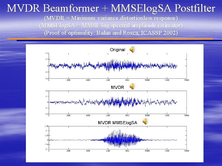 MVDR Beamformer + MMSElog. SA Postfilter (MVDR = Minimum variance distortionless response) (MMSElog. SA