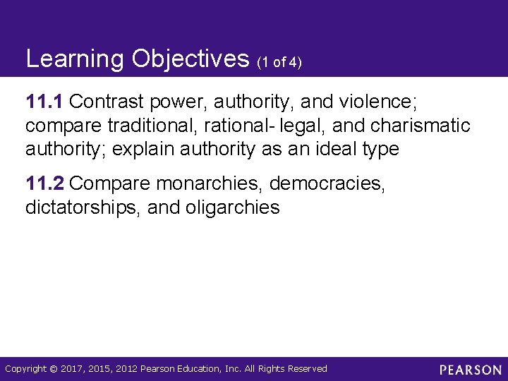 Learning Objectives (1 of 4) 11. 1 Contrast power, authority, and violence; compare traditional,