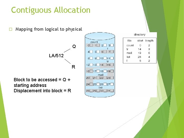 Contiguous Allocation � Mapping from logical to physical Q LA/512 R Block to be