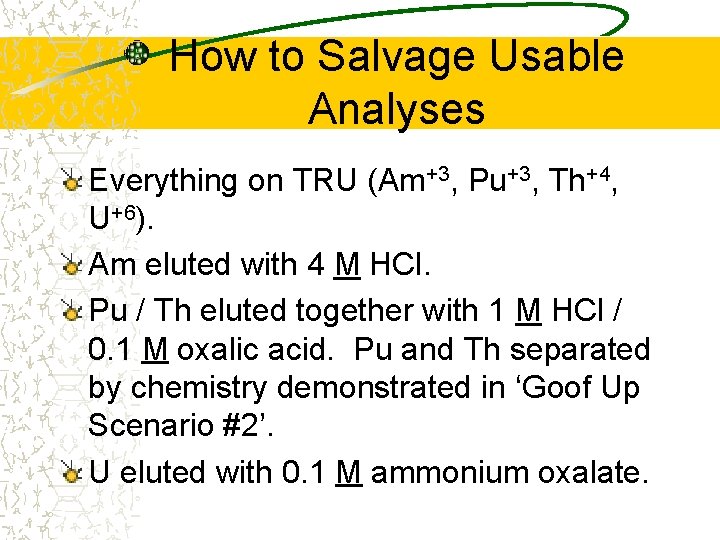 How to Salvage Usable Analyses Everything on TRU (Am+3, Pu+3, Th+4, U+6). Am eluted