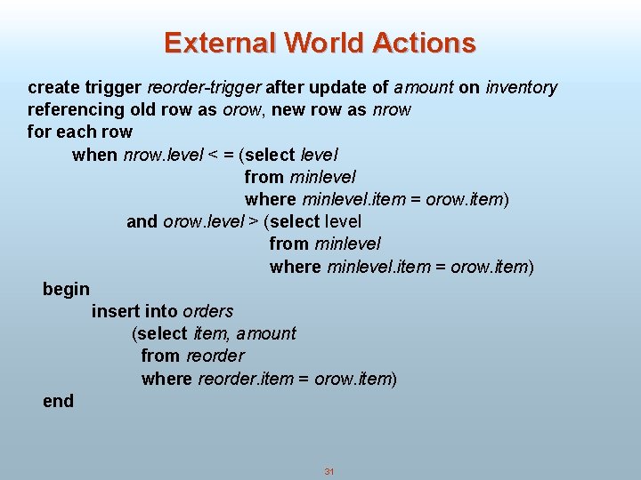 External World Actions create trigger reorder-trigger after update of amount on inventory referencing old