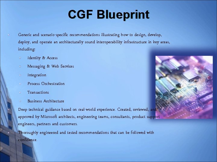 CGF Blueprint Generic and scenario-specific recommendations illustrating how to design, develop, deploy, and operate