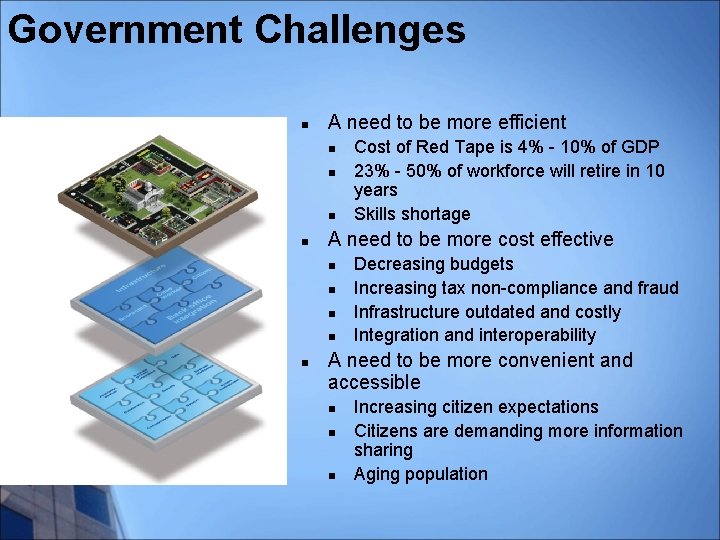 Government Challenges n A need to be more efficient n n A need to