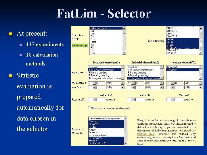 Fat. Lim - Selector n At present: n 437 experiments n 18 calculation methods