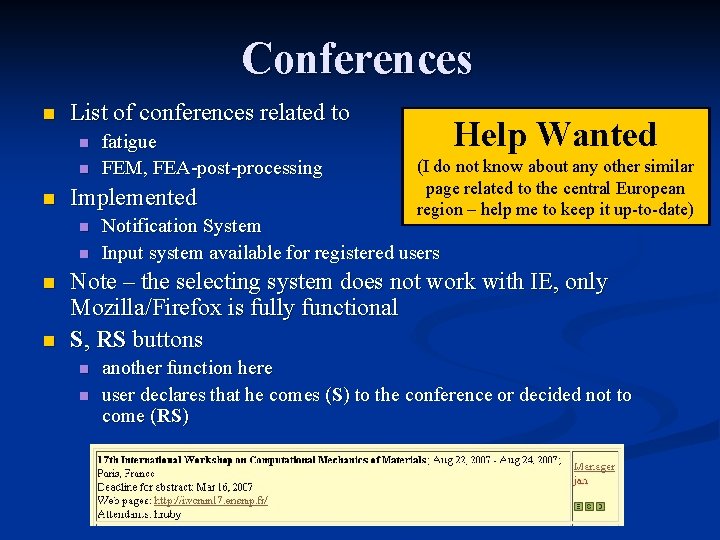 Conferences n List of conferences related to n n n Implemented n n fatigue