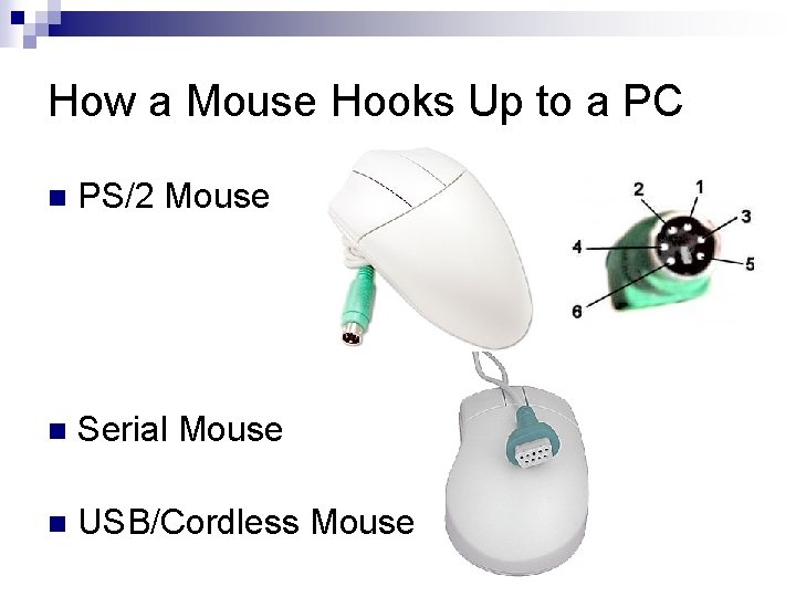 How a Mouse Hooks Up to a PC n PS/2 Mouse n Serial Mouse