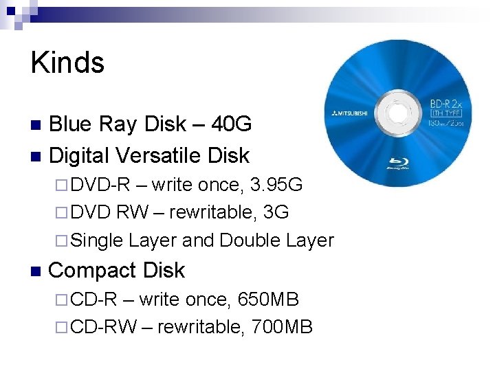 Kinds Blue Ray Disk – 40 G n Digital Versatile Disk n ¨ DVD-R
