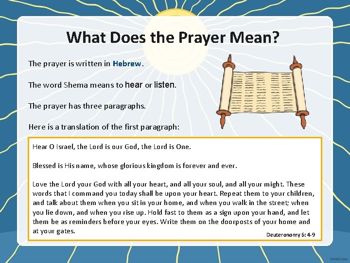 What Does the Prayer Mean? The prayer is written in Hebrew. The word Shema