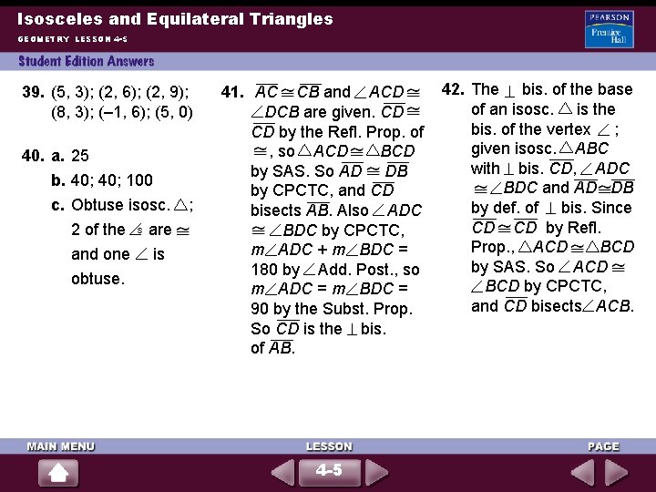 Isosceles and Equilateral Triangles GEOMETRY LESSON 4 -5 39. (5, 3); (2, 6); (2,