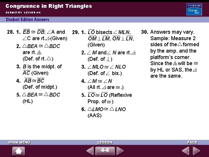 Congruence in Right Triangles GEOMETRY LESSON 4 -6 28. 1. EB DB; A and