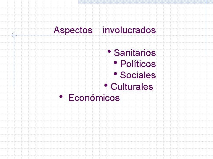 Aspectos involucrados Sanitarios Políticos Sociales Culturales Económicos 