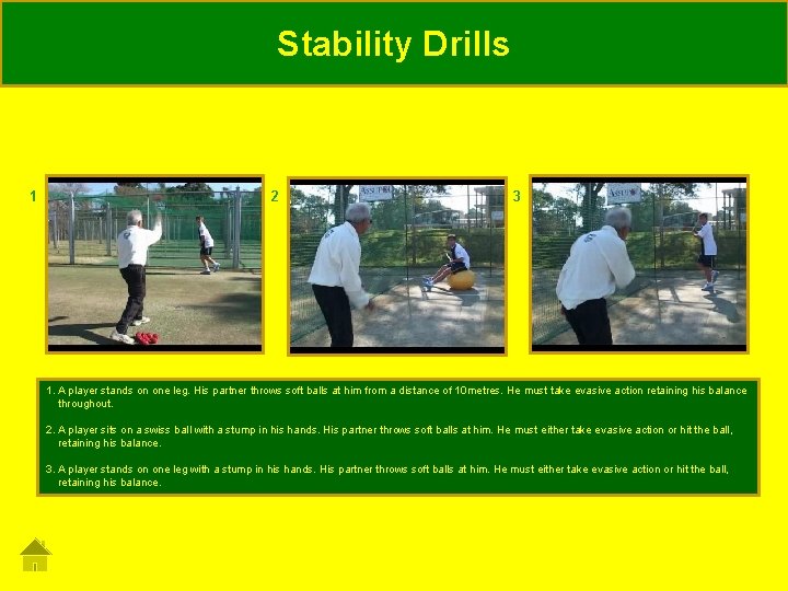 Stability Drills 1 2 3 1. A player stands on one leg. His partner