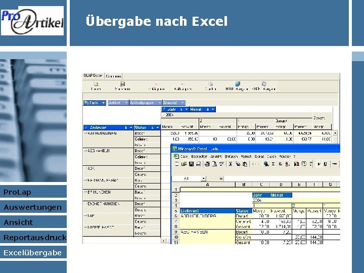Übergabe nach Excel Pro. Lap Auswertungen Ansicht Reportausdruck Excelübergabe 
