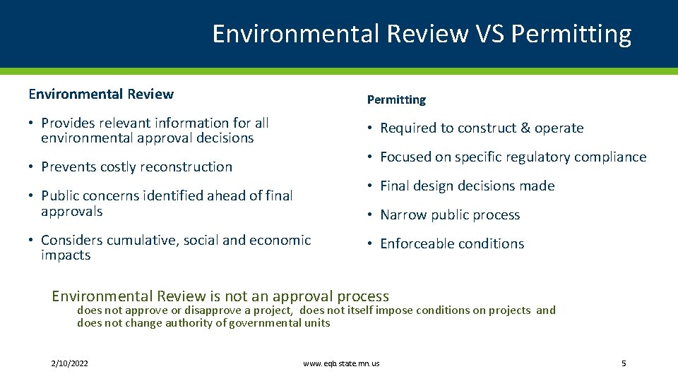 Environmental Review VS Permitting Environmental Review Permitting • Provides relevant information for all environmental