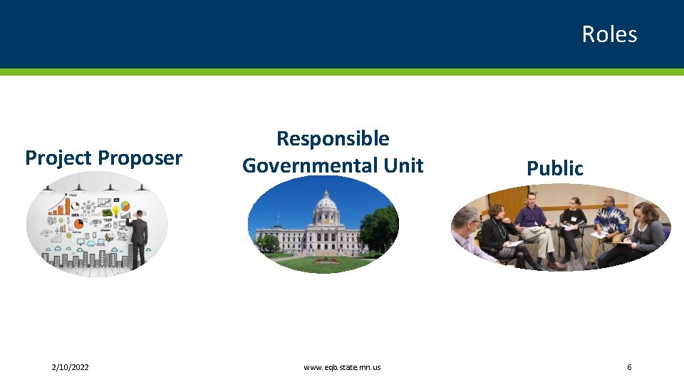 Roles Project Proposer 2/10/2022 Responsible Governmental Unit www. eqb. state. mn. us Public 6