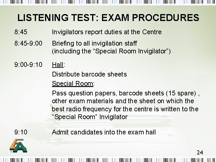 LISTENING TEST: EXAM PROCEDURES 8: 45 Invigilators report duties at the Centre 8: 45