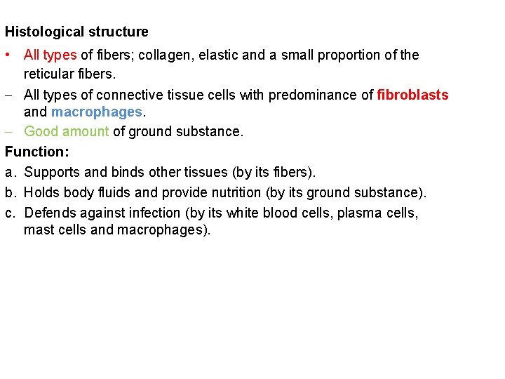 Histological structure • All types of fibers; collagen, elastic and a small proportion of