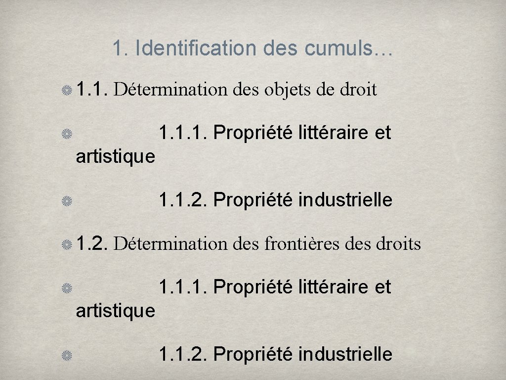 1. Identification des cumuls… 1. 1. Détermination des objets de droit 1. 1. 1.
