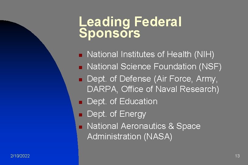 Leading Federal Sponsors n n n 2/10/2022 National Institutes of Health (NIH) National Science