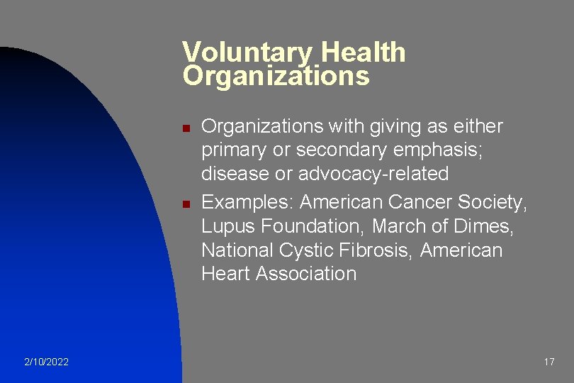 Voluntary Health Organizations n n 2/10/2022 Organizations with giving as either primary or secondary