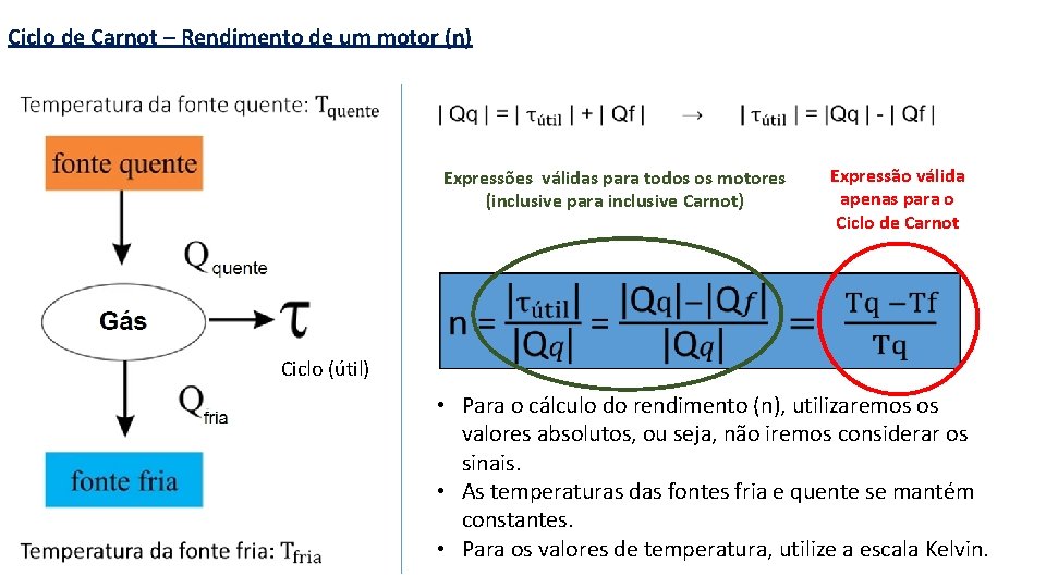 Ciclo de Carnot – Rendimento de um motor (n) Expressões válidas para todos os