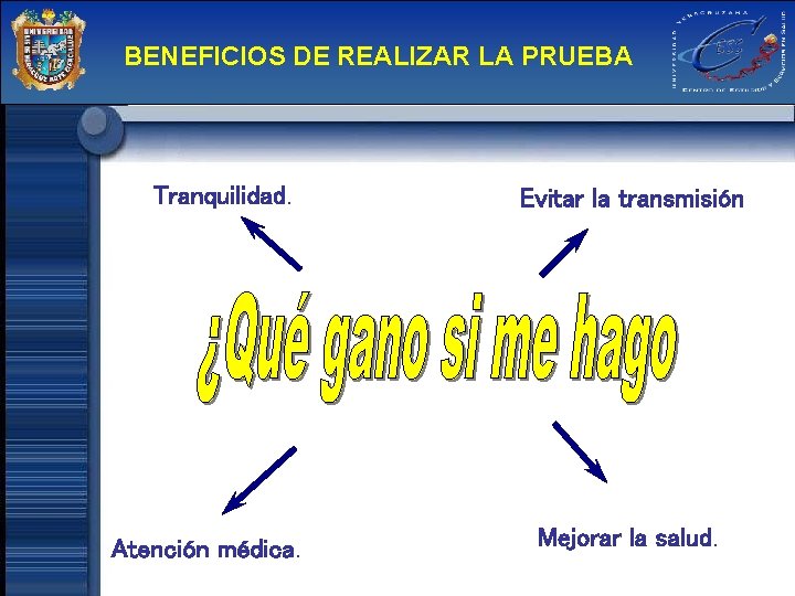 BENEFICIOS DE REALIZAR LA PRUEBA Tranquilidad. Atención médica. Evitar la transmisión Mejorar la salud.