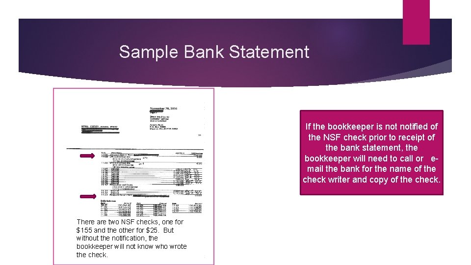 Sample Bank Statement If the bookkeeper is notified of the NSF check prior to