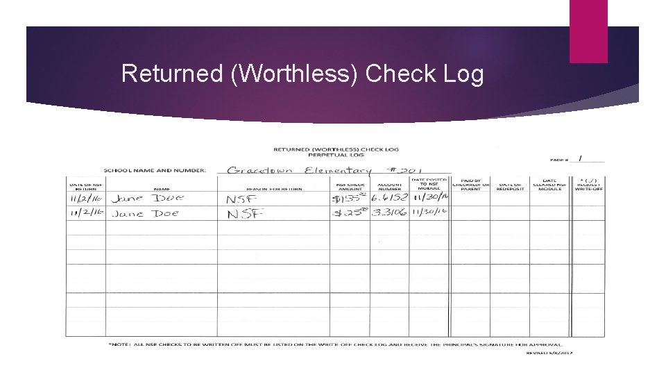 Returned (Worthless) Check Log 