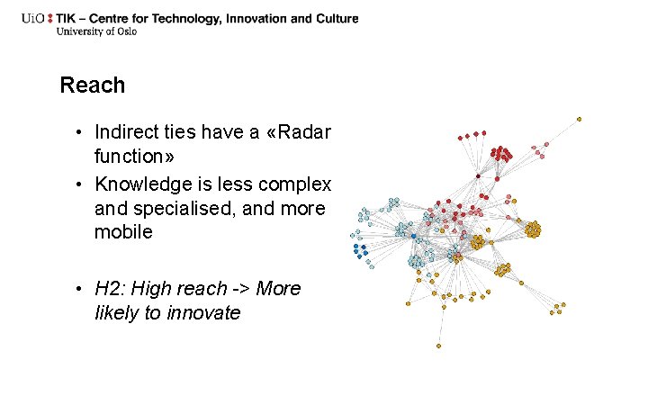 Reach • Indirect ties have a «Radar function» • Knowledge is less complex and