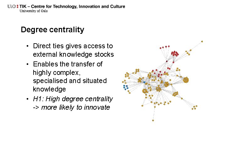 Degree centrality • Direct ties gives access to external knowledge stocks • Enables the