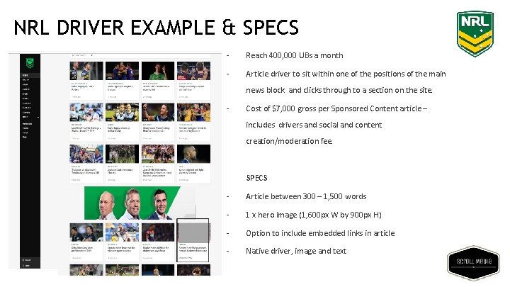 NRL DRIVER EXAMPLE & SPECS - Reach 400, 000 UBs a month - Article