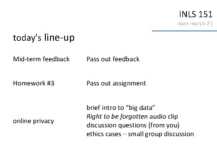 INLS 151 mon march 21 today’s line-up Mid-term feedback Pass out feedback Homework #3