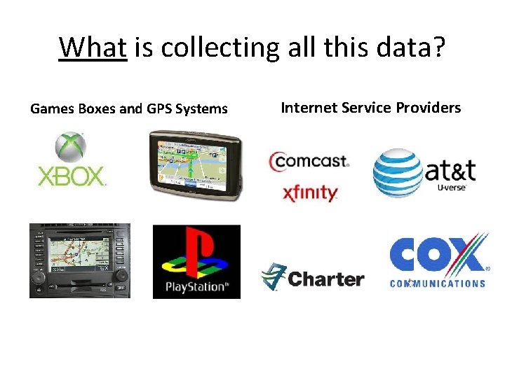 What is collecting all this data? Games Boxes and GPS Systems Internet Service Providers