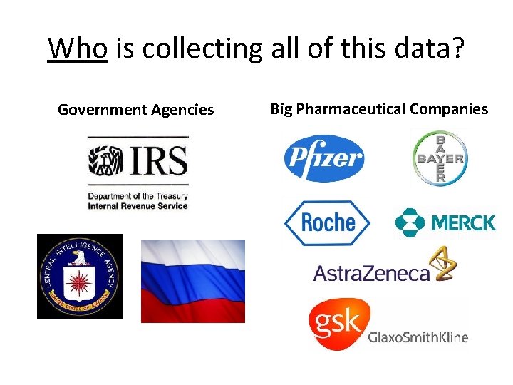 Who is collecting all of this data? Government Agencies Big Pharmaceutical Companies 