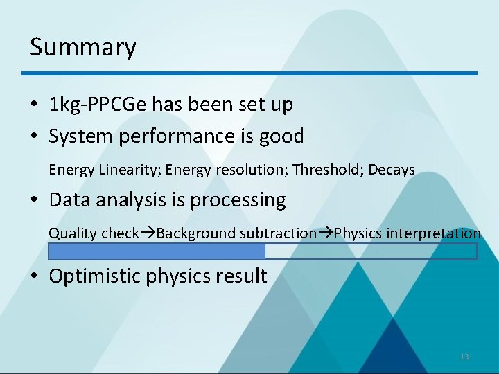 Summary • 1 kg-PPCGe has been set up • System performance is good Energy