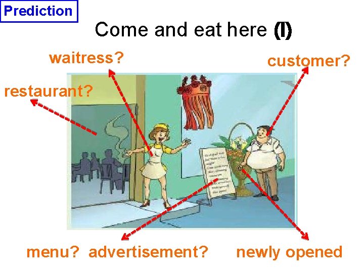 Prediction Come and eat here (I) waitress? customer? restaurant? menu? advertisement? newly opened 