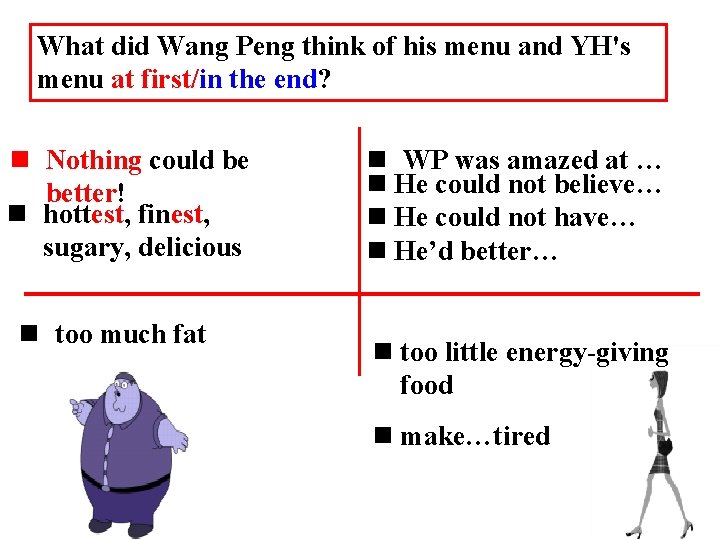 What did Wang Peng think of his menu and YH's menu at first/in the